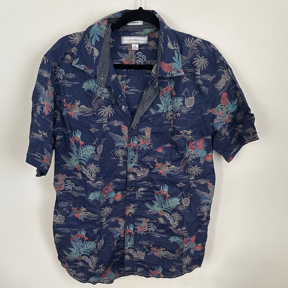 PD&C Blue Tropical Print Casual Shirt